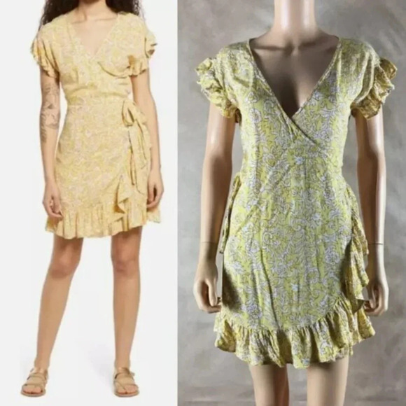BILLABONG Yellow Floral Ruffled Wrap Dress SMALL - Picture 1 of 10
